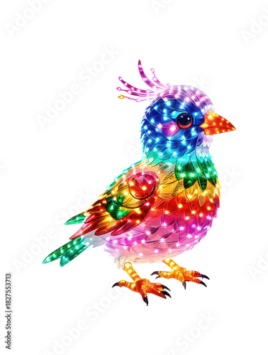 Vivid neon light-up parrot character on white background, great for zoo promotions, educational materials, and playful marketing visuals.