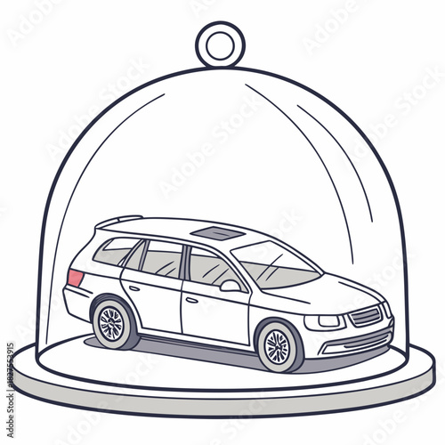Illustration of a white station wagon car protected under a clear glass dome on a pedestal