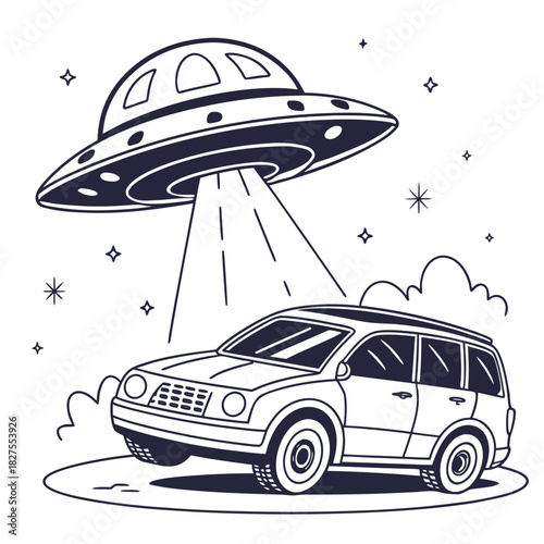 Whimsical ufo spacecraft beaming light onto a parked suv vehicle in a starry night sky with clouds