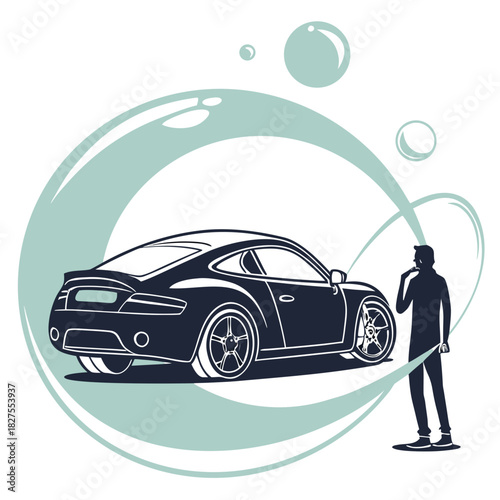 Silhouette of a man contemplating a sleek sports car surrounded by abstract soap bubbles and flowing lines