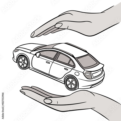 Conceptual illustration of hands protecting a car symbolizing insurance safety and care for automobile ownership