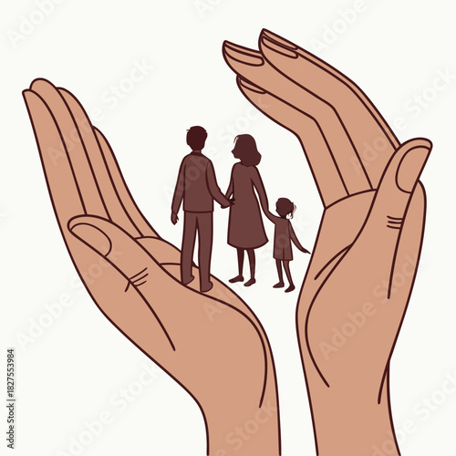 Two cupped hands gently protecting a silhouette family of three holding hands with love and care