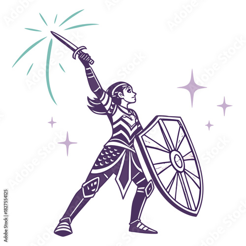 Empowered female warrior in ornate armor holding a sword and shield with magical sparkles and light effects
