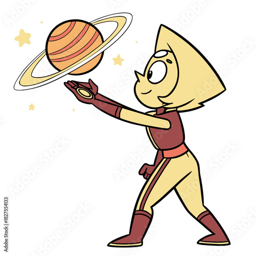 Cartoon yellow alien character with red suit holding a ringed planet and surrounded by stars in space