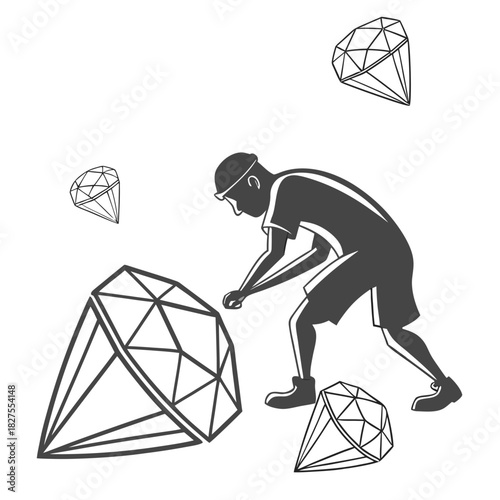 Silhouette of a person mining for diamonds with large and small gemstones scattered around on a white background