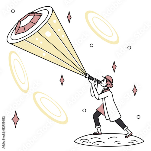 Curious astronomer gazes through a telescope at a giant diamond ring in the vastness of space