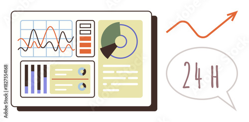 Dashboard visuals include graphs, pie chart, and metrics representing 24-hour monitoring, business performance, and data tracking. Ideal for analytics, management, productivity, reporting workflow