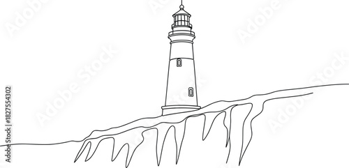 Cliffside Lighthouse One Line Illustration.