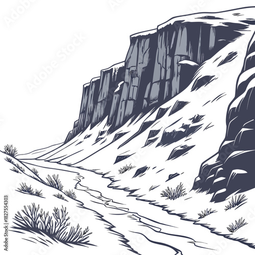 Stylized hand drawn illustration of a snowy mountain landscape with a winding path and rugged cliffs