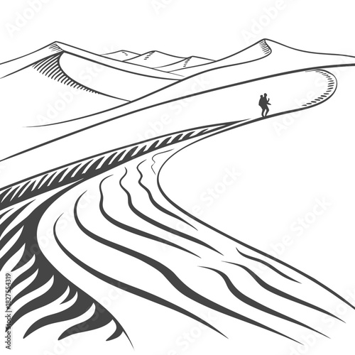 Lone hiker with backpack traversing a vast desert landscape with rolling sand dunes under a clear sky