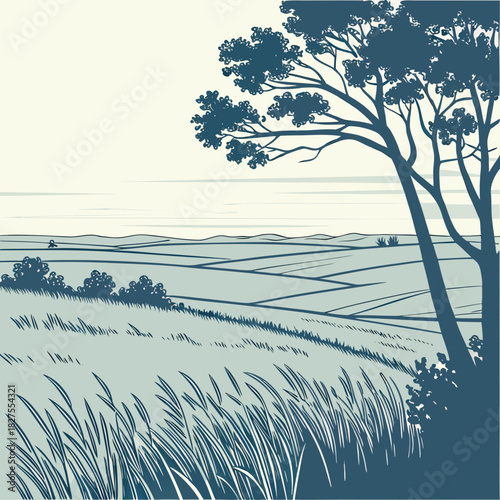 Stylized illustration of a serene rural landscape with rolling fields and a large tree in silhouette against a pale sky