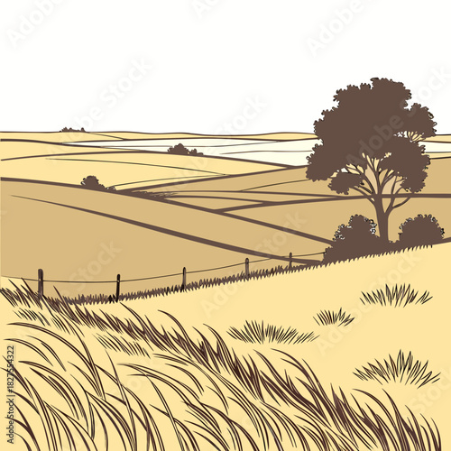 Stylized illustration of a serene rural landscape with rolling hills a lone tree and a fence in the foreground