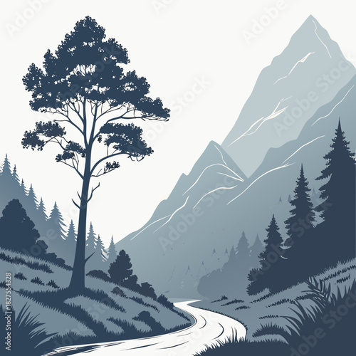 Serene mountain landscape with winding road and solitary tree under a vast sky