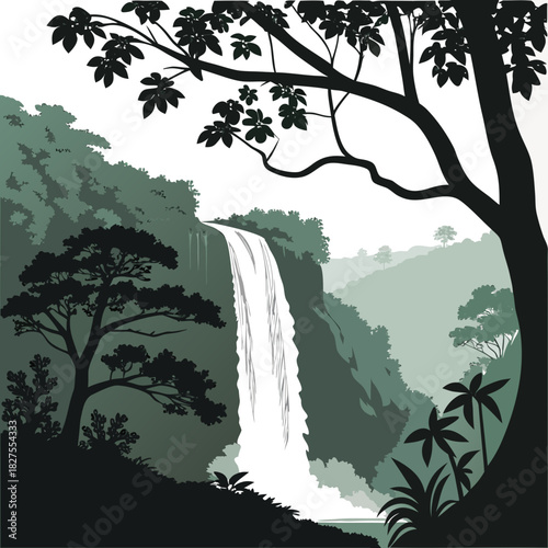 Serene jungle waterfall cascading down a lush green cliff surrounded by dense foliage and silhouetted trees