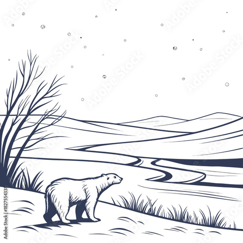 A solitary polar bear stands in a snowy landscape under a starry night sky with a winding river