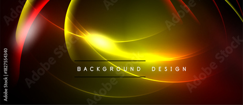 Abstract design features vibrant yellow, orange, red curves. Dark background emphasizes glowing lines, creating dynamic visual effect. Modern, sleek presentation.