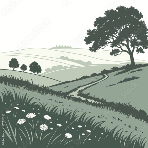 Stylized illustration of rolling green hills with a winding path leading to a large oak tree under a clear sky