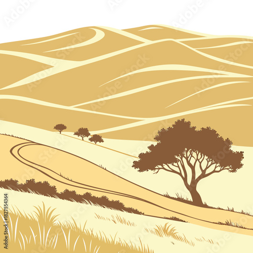 Stylized illustration of rolling golden hills with sparse trees and grassy foreground under a bright sky