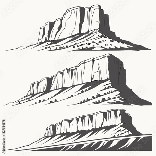 Three distinct stylized illustrations of mesas and buttes showcasing dramatic cliff faces and sloping terrain with sparse vegetation