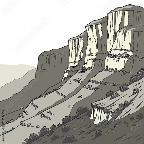 Stylized illustration of a dramatic cliff face with layered rock formations and sparse desert vegetation under a clear sky