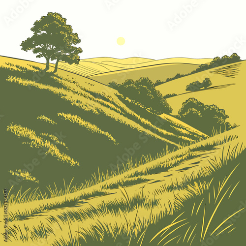 Stylized rolling green hills under a bright sun with a lone tree and distant fields in a simple graphic illustration
