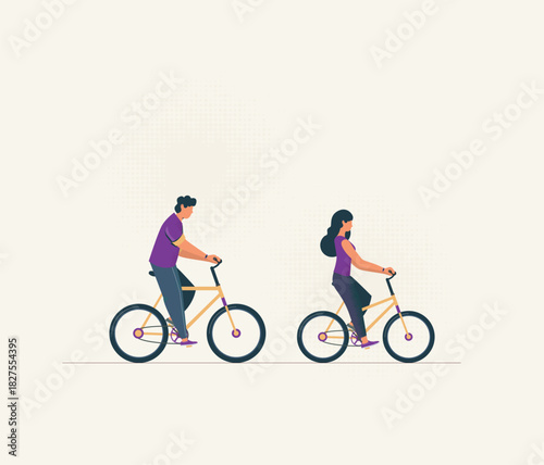 Flat style people riding a bicycle. Vector illustration