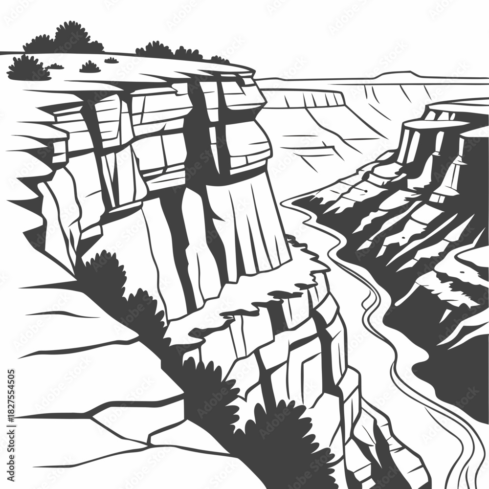 Naklejka premium Dramatic black and white illustration of a vast canyon with a winding river carved through layered rock formations under a clear sky