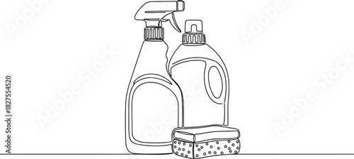 Continuous Line Art of Household Cleaning Supplies.