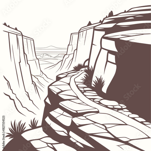 A winding path carved into the side of a majestic canyon with layered rock formations and distant hazy mountains under a clear sky