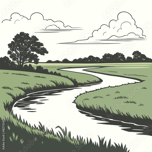 Serene winding river through lush green fields under a cloudy sky with a lone tree