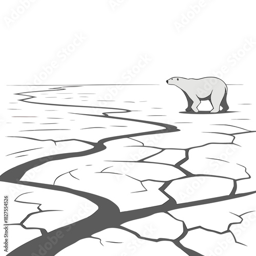 Lone polar bear walks across cracked and melting ice floes in a stark minimalist arctic landscape