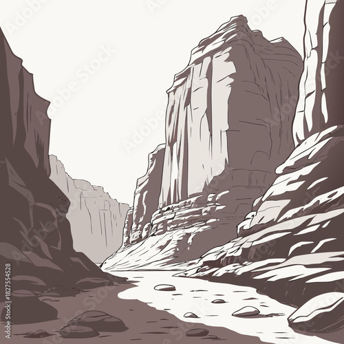 Stylized illustration of a serene river flowing through a majestic canyon with dramatic rock formations and shadows