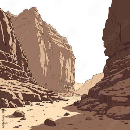Stylized illustration of a vast desert canyon with towering sandstone cliffs and a sandy ground scattered with rocks
