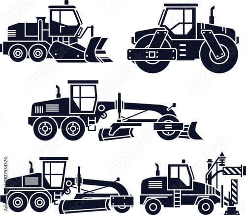 Road Construction and Paving Vehicle Silhouettes Set roller