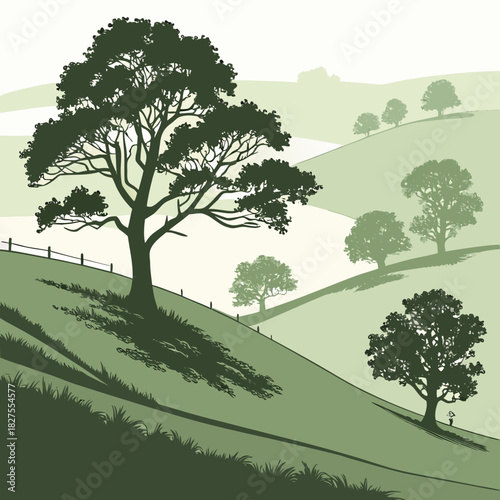 Serene rolling green hills with silhouetted trees and a fence line under a pale sky
