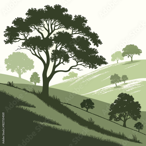 Stylized green rolling hills landscape with silhouetted trees and grassy foreground under a light sky