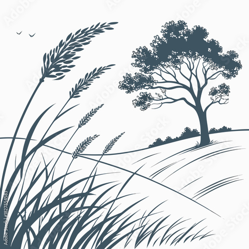 Silhouette of a lone tree on a rolling hill with tall grass and birds flying in the sky