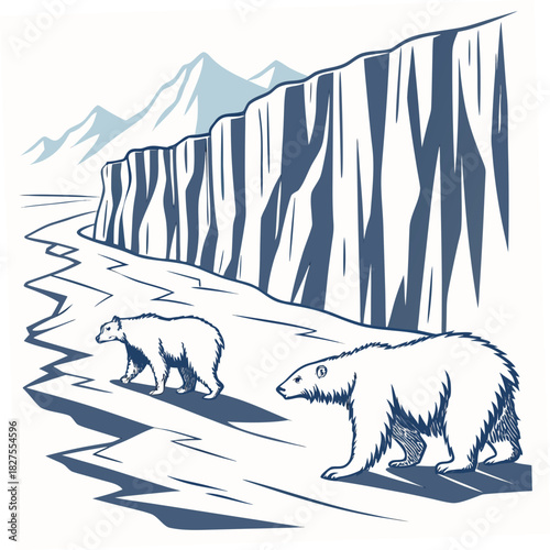 Two polar bears walking across a cracked ice floe with a dramatic icy cliff and distant mountains in the background