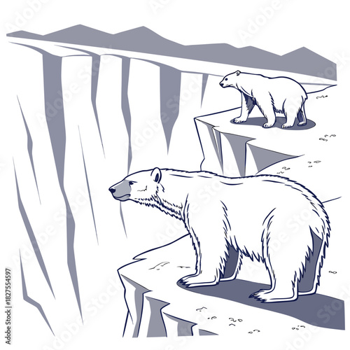 Two polar bears stand on icy cliffs overlooking a vast arctic landscape with distant mountains under a clear sky