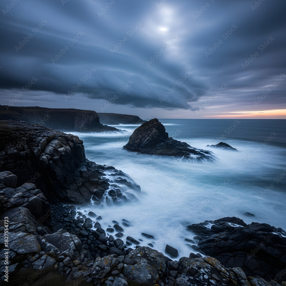 Obraz premium Dramatic ocean waves crash against rocky shoreline under moody skies