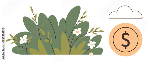 Green foliage with white flowers, a dollar coin nearby, and a minimal cloud above. Ideal for investment, sustainability, savings, finance, growth, nature-centric economy simple flat metaphor