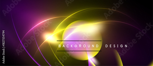 Abstract neon curves create vibrant background. Yellow glow dominates center, purple fades edges. Modern design element.