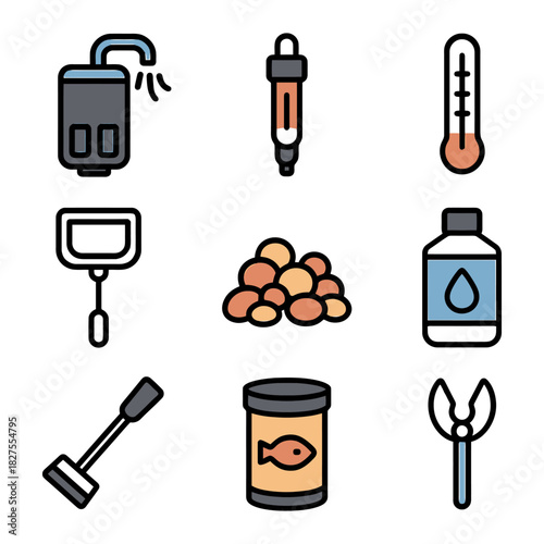 Aquarium tools and supplies: filter, thermometer, fish food, water conditioner.