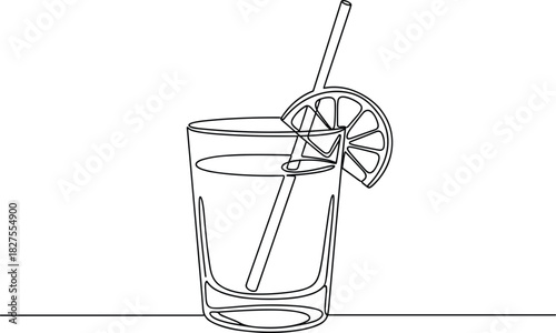 Elegant One Line Cocktail with Straw and Lemon.