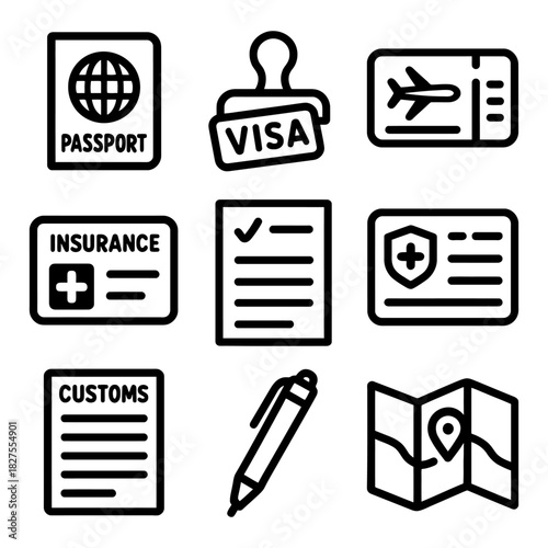 Travel essentials icons: passport, visa, ticket, insurance, customs forms, pen, map.
