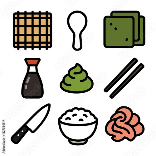 Japanese cuisine icons set: sushi, wasabi, chopsticks, rice, soy sauce, nori, knife.