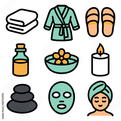 Spa essentials collection with robe, candle, stones, and skincare items.
