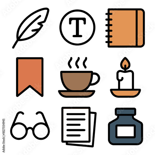 Icon set of quill, text, notebook, bookmark, coffee, candle, glasses, papers, ink.