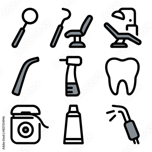 Set of dental tools and equipment icons for oral health care.