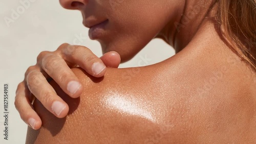 Wallpaper Mural Sun kissed shoulder with glowing healthy skin woman applying body care product relaxing summer mood ideal for skincare brands sun protection campaigns wellness retreats and beauty Torontodigital.ca